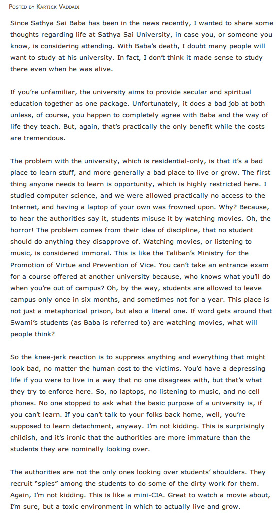 Kartick Vaddadi on Sathya Sai University